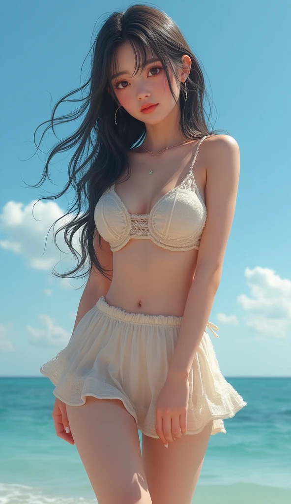（The chest is visible through the clothes）（Blue（cleanness）of an open-chested shirt）（Blue（cleanness）of an open-chested shirt）24-year-old pure female student，（A plump chest），（Blue（cleanness）of an open-chested shirt），（The chest is visible through the clothes），The chest can be exposed，White miniskirt，Panties can be seen，Beach by the sea in the background，perfect bodies，Delicate facial features，Blue curly hair，Clear suspenders，legs are open，Feminine and sexy pose，Full body like，perfect hand，huge tit，Blush，Imitate the perfect real person，Perfect thin eyebrows，Perfect and delicate buttocks，Vest line，Hold your phone，