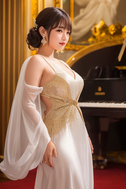 ((reality lighting, highest quality, 8K, masterpiece:1.3)), sharp focus:1.2, 1 girl, beautiful woman with perfect figure:1.4, huge cleavage,slim abdomen:1.1, ((Micro curl high ponytail)),luxury hotel,happy laughter,(sexy pose),very big breasts,(huge cleavage),sexy pose,Extra-fine face,ファインアイオーバルショートskirt,double eyelid,layered hair,sexy pose,coquettish,sexy cleavage,ruffle your hair,There'There's a light in my eyes,
Off-white formal blouse with lots of frills, Collar decorated with a huge ribbon tie, The knot is a giant rose corsage with gorgeous jewels., wear a vest under a jacket, Three-piece suit jacket with one button sword collar.,Decorate the corsage with large ribbons on both sides of the collar.. gold thread piping, 共布ロングサーキュラーskirtの着こなし方10I'm wearing it too、that'Looks like a wedding dress, 50A gigantic circular cloak made of the same fabric hung from the shoulders spreads out in a circle on the floor., Create curtain-like drapes., flowers and hat, Jacket with sword collar and one button. Epaulette and sturdy, thick shoulder pads, Lots of gold tassels covering the shoulders, lots of gold laces, Embellished with military-style gold thread embroidery.., large golden buttons and golden buckle, White Handbags, Has a cloak and both hems of the cloak, Straighten your arms and spread them horizontally.,(((skirt, Made from layers of chiffon fabric, It extends from your waist to the floor and fills the room..))),(((Please take a full body photo from head to toe)))
