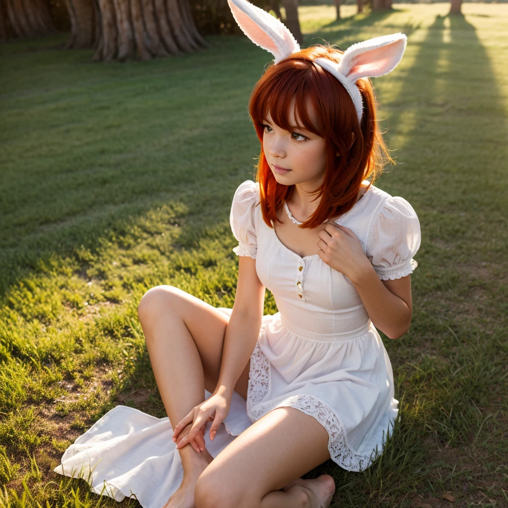 ((masterpiece, best quality)),1girl, solo, animal ears, rabbit, barefoot, skirt, sitting, rabbit ears, short sleeves, (teasing, shy, blushing: 1.3), looking at the audience, grass, short hair, gray hair, puff sleeves, outdoors, fluffy short sleeves, bangs, on the ground, full body, animal, white dress, sunlight, brown eyes, mottled sunlight, daytime,