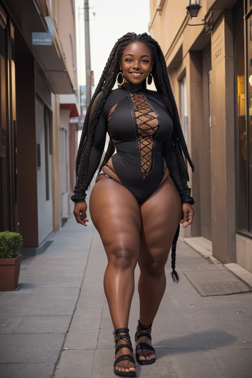 RAW footage, MASSIVE HIPS thighs, tiny waist, MASSIVE BUTTOCKS, UHD, She's a dark skin melanin Goddess, DSLR, translucent (tan plastic) high leg warmers, translucent (puffy intricate) gradient sleeves, ppark sidewalk, ttaupe scarf + skirt + garters, expressive pose, infinitely smallest waist, tiny paper-thin waistline, very long mohawk fade, tiny waist:2, no nudity