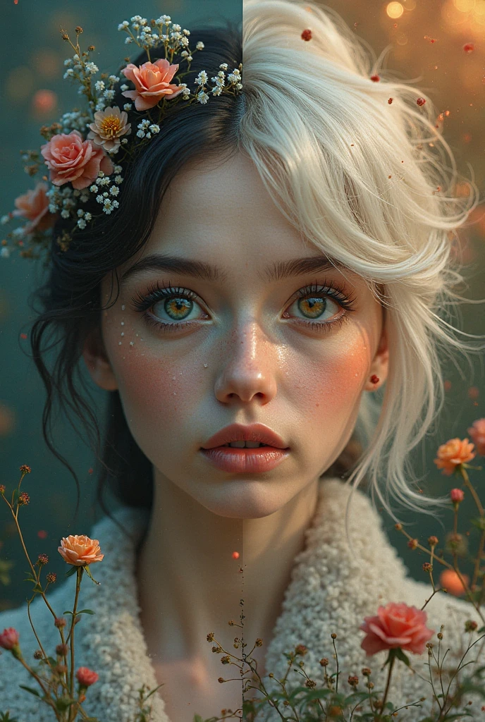 there is a woman with a flower crown on her head, artwork in the style of guweiz, stunning digital illustration, hyperrealism. fantasy 4k, beautiful digital artwork, inspired by Yanjun Cheng, realistic digital art 4k, realistic digital art 4 k, soft portrait shot 8 k, intricate wlop, beautiful digital illustration, 8 k realistic digital art