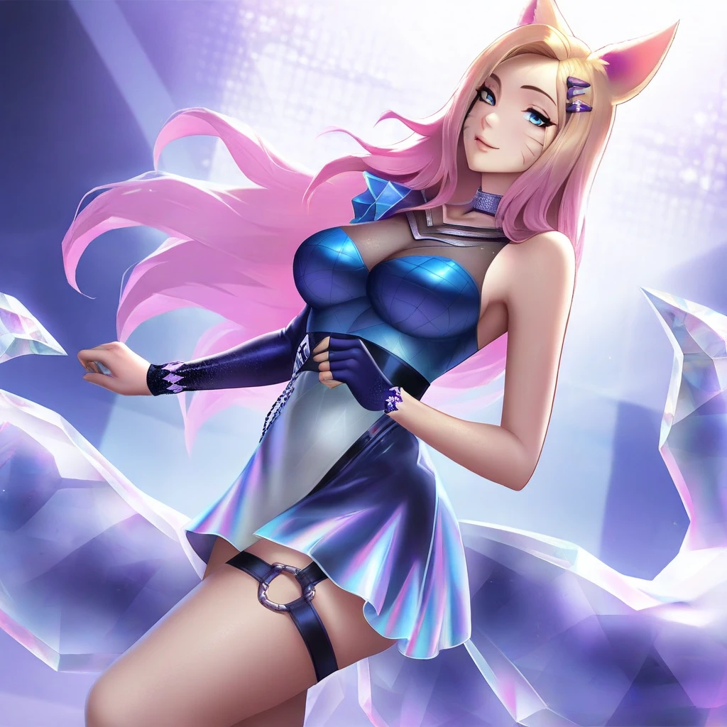 pink  bra、(((Blonde straight long hair、Pink mini skirt、white obi、Clean navel、big breasts thin waist、Clean belly、Left hand on hip、Leather pink gloves up to the elbows、Made of leather with pink gloves on both hands、Beautie、a beauty girl、large blue eyes、Double eyelids、