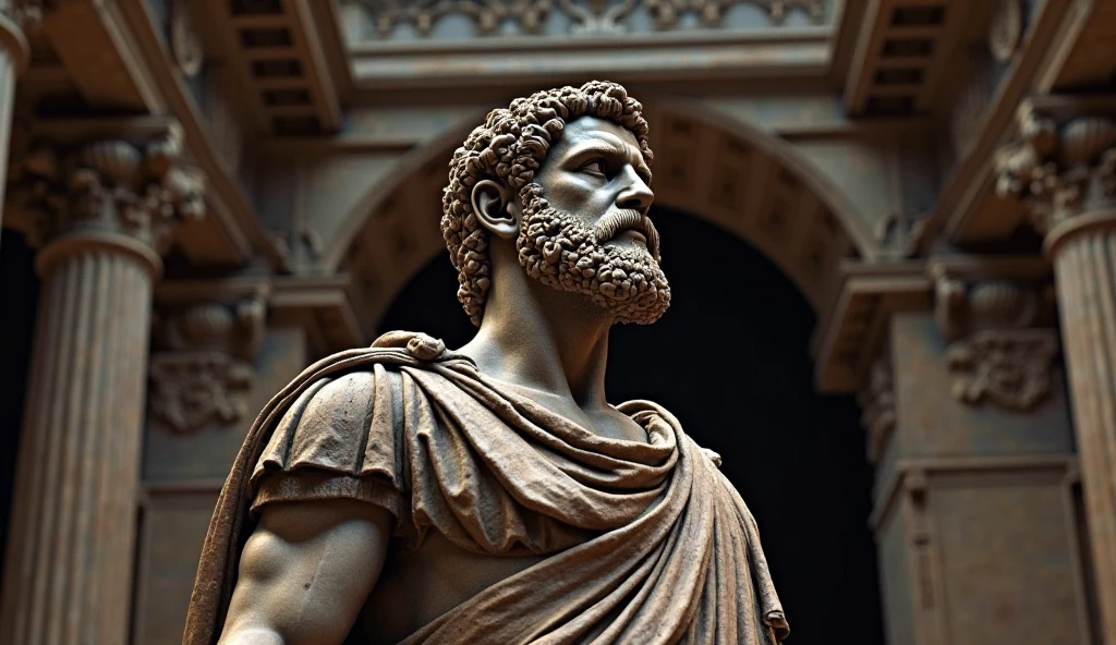 Ancient Greek statue with angry expression, Ambiente escuro, ao ceu aberto, 35 mm, corpo inteiro, lateralmente, extremamente detalhado, Colors with low saturation with dark tone, Filmado em Sony A7S III com Sony FE 35mm f/1.8, 12.1 MP, --AR 3:2 --estilo cru