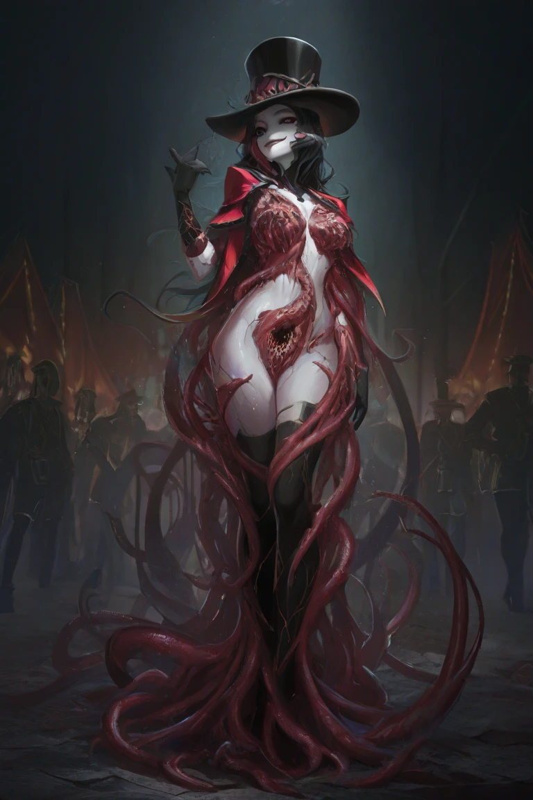 ((NSFW, , best quality, amazing quality, very aesthetic, extremely detailed, intricate details, minute details, detailed background, dramatic cinematic lighting:1.4,incredibly_absurdres, hard light:1.4, masterpiece 8k, vivid colors, rich palette, score_9, score_8_up, score_7_up,), parade master, circus, 1woman, naked, medium breasts, no pupils, pale skin, black sclera, highlight, long hair, arm gloves, high top hat, black hat, reflector, smug, red coat, black thighhigs, eldritch horror, tentacles, crack, extra mouth, tall\(tentacles around body, tentacles on background\)