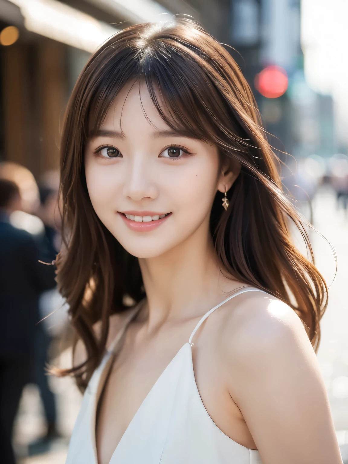 (logo, masterpiece, 8K, Tabletop, RAW Photos, wonderful, 最high quality, Photorealistic and very detailed CG composite 8k wallpaper, high quality, Very detailed, Narrative poem, Particle Effects, Dynamic Effects, Depth of the Boundary, Cinematic Light, Lens flare, Ray Tracing), short hair beautiful young woman, Hair tied back, high detail skin, very fine, fine skin texture, beautiful face, realistic eyes, beautifully detailed eyes, realistic skin, beautiful skin, surreal, smiling eyes, Hair and light eyes, Vibrant, Colorful lights and bokeh. The lighting casts a warm glow on her face and hair, Blue glow, Water surface reflection, Creates a dreamy and magical atmosphere, Big Breasts, Brown Hair, short hair, plump lower lip, pink blush on the cheeks , pink lips, brown tight no-shoulder knit sweater