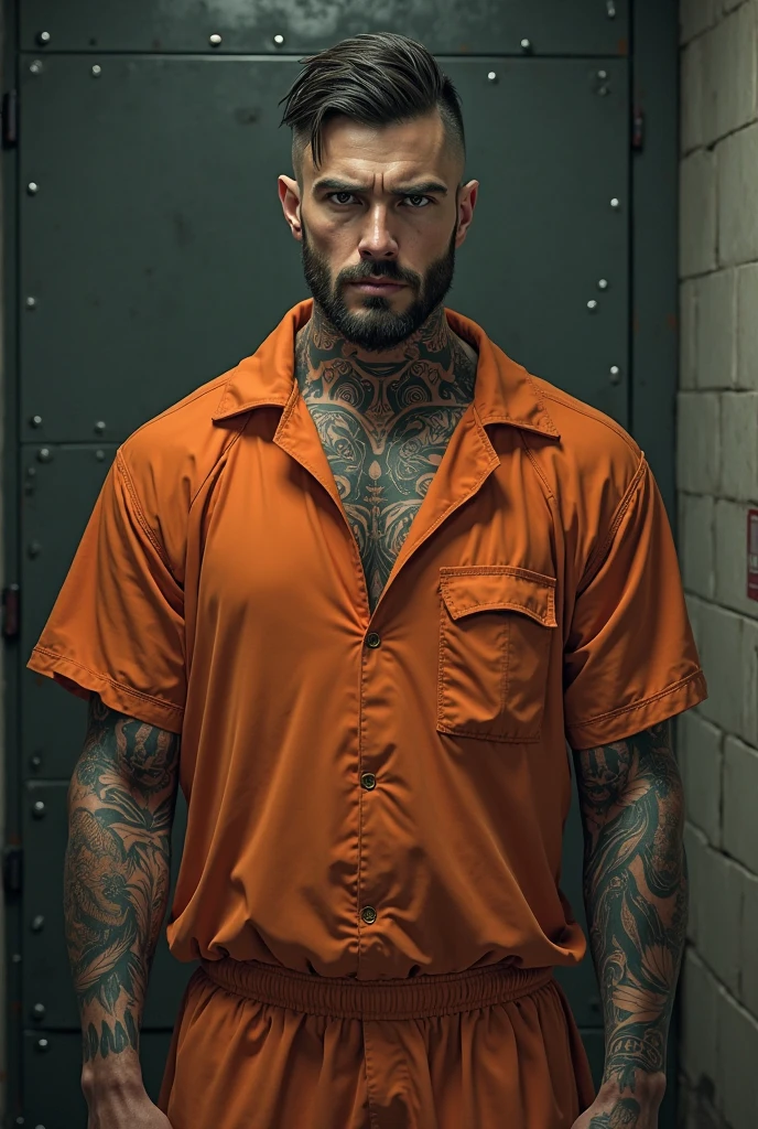 A tattooed man sits in prison wearing an orange prison jumpsuit and black rubber boots
