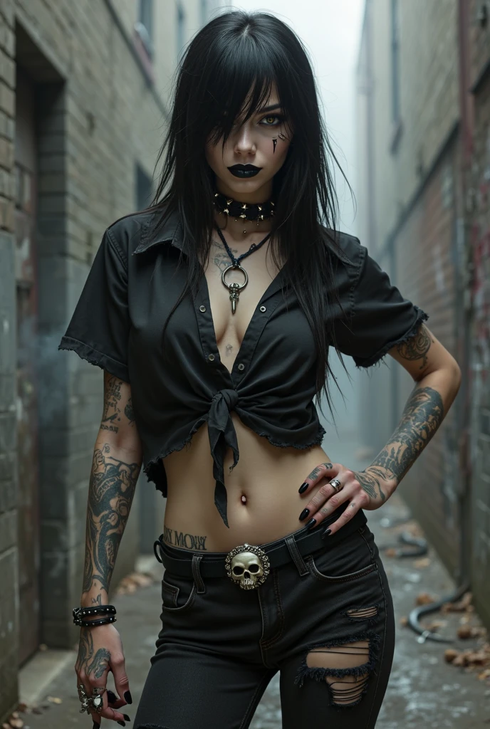 Photorealistic, ultra-detailed, Rocker goth woman, portrait photo, Solo, leaning against a worn-out guitar amp, dimly lit room, edgy urban scene with graffiti, dark and moody, late evening, city lights flashing, neon lighting The essence of rock and roll, ((cut hair with fringe, makeup)), 25 years old, assertive, confident expression, showcasing multiple piercings, blurry background, Crystal clear eyes gleaming with passion, analogue style, grunge texture, Best contrast, industrial, Instagram LUT, Professional, 4k, electrifying gaze, shot on Nikon, 50mm, shallow depth of field, K