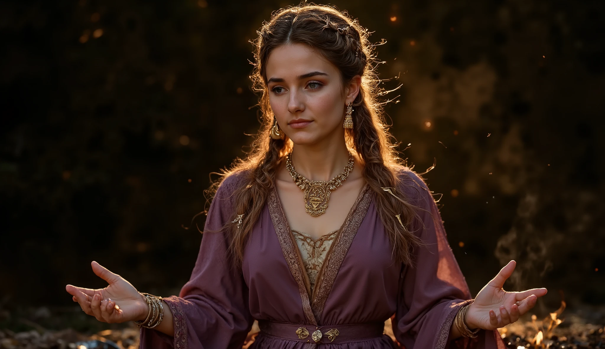 Hellenistic queen in a moment of stoic meditation, medium shot with exclusive focus on her figure. Wears luxurious peplos in shades of purple and gold with elegant drapes flowing gently. Perfectly erect posture with hands positioned in Greek philosophical mudra. Pendant with symbol of the Stoic cosmos (representing universal order). Hair elaborately arranged with golden ribbons. Facial expression of conscious tranquility and inner power. A small brazier with incense for philosophical meditation is visible. Golden evening light. Indistinct dark background. Ultra-realistic cinematic visual style