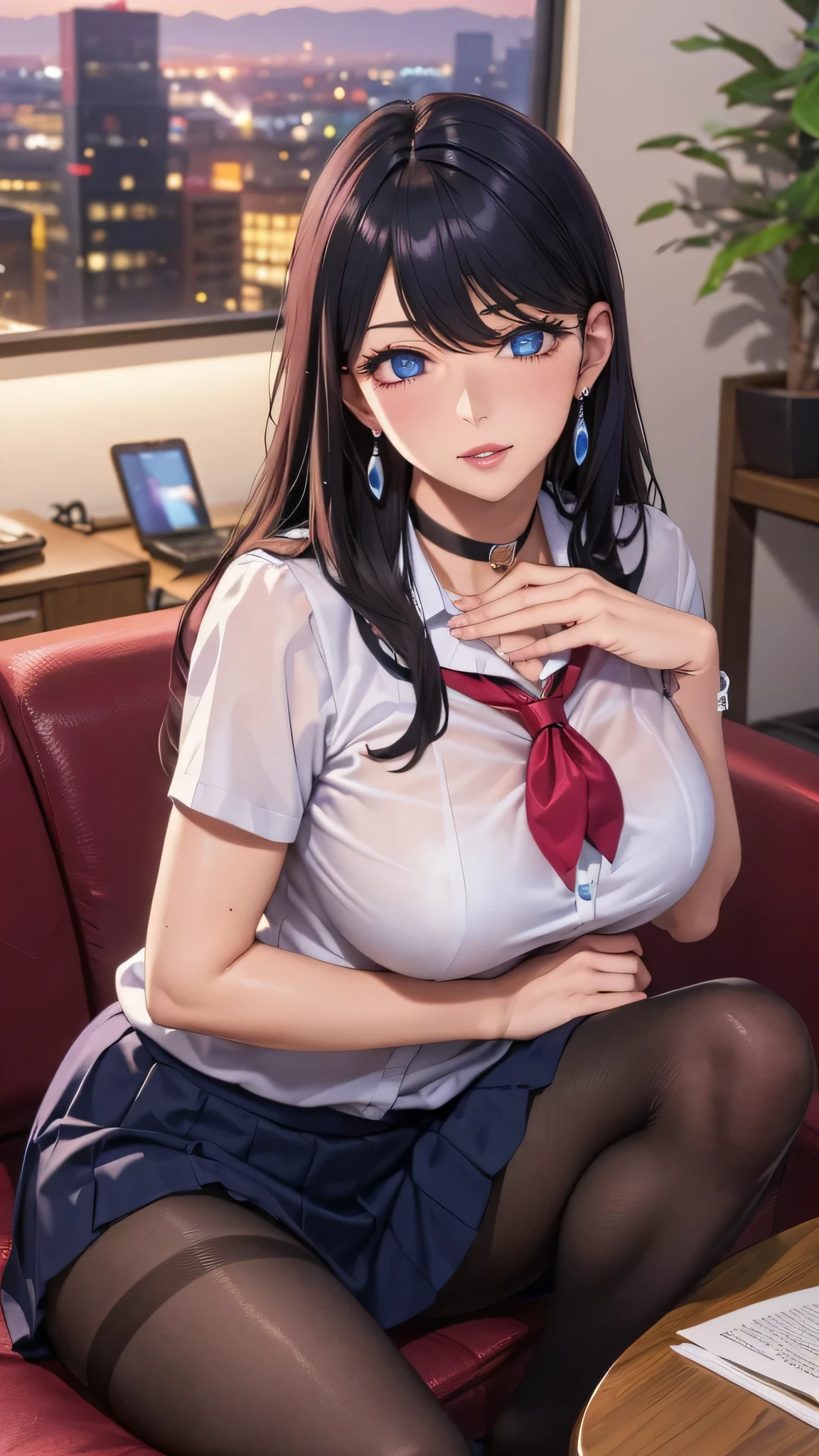 (((Clean School Uniforms))),(()),(((beautiful skin))), (((sexy pose))),(()),((sexy panties)),(( Beautiful blouse)),((Pleated Miniskirt That Induces Molestation)),((open-chest)),((dull eyes)),(( high-rise office)),((business office),( luxury sofa), Super Fine , Mature Woman, Mature Woman, Very good、detailed, ((Big Breasts)), perfect hand in h, detailed fingers, beautiful detail, ((long hair)),(()),(Black Pantyhose),black choker, earrings,perfect eye side by side, Enchanting Eyes,