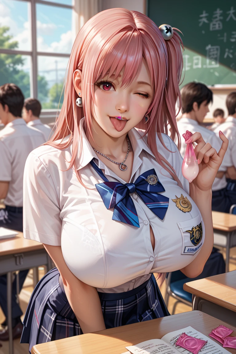 very cute, Great face and eyes、美しい素敵なsmile), (Highly detailed beautiful face), Bright and shiny lips, Sailor suit, (school uniform, Pleated skirt:1.3), (最high quality:1.4), (超high quality), (Super detailed), (Surreal, Photorealistic:1.37), Real skin texture, Intricate details, Highly detailed CG synthesis 8k wallpaper, RAW Photos, Professional photography, Cinema Lighting, Expose, Big Breasts, 1 girl, alone, smile, Looking at the audience, masterpiece, 最high quality:1.4,high quality, ,(In 8K,,最high quality,Ultra-high resolution出力画像,),(Intricate details,),(Set the picture mode to Ultra HD),Detailed clothing features,Detailed hair features,Detailed facial features,blush, Hot face, 最high quality, Ultra-high resolution, (Realistic:1.4), One girl, bra lift,Hair color is random, (Huge breasts:1.2), View Viewer, close ,Showing nipples, Dutch Angle, Are standing