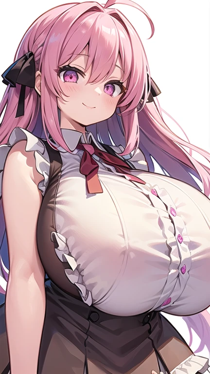 1 Girl, Game CG, Brown frilly short dress, Hair Ribbon, Huge breasts, Pink Hair, Long Hair, Straight hair, Ahoge, Pink Eyes, smile, White Background,