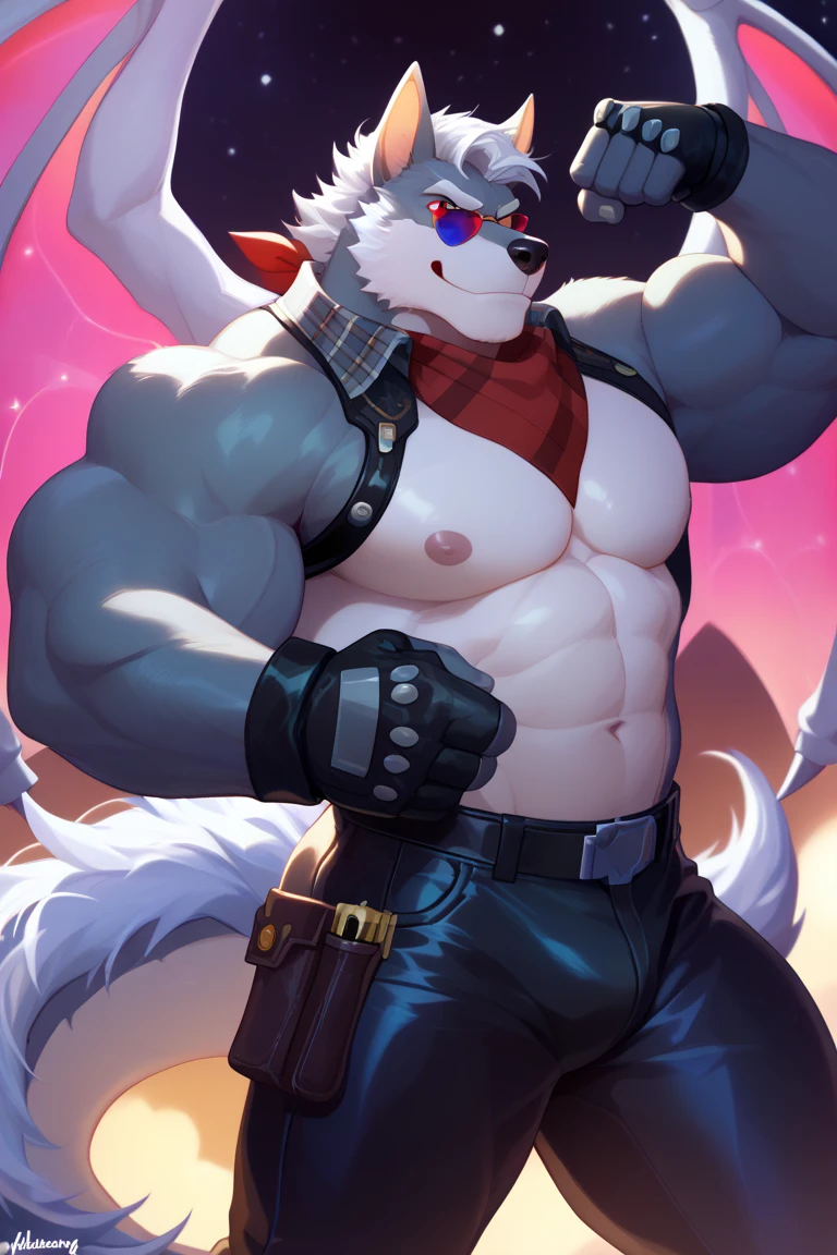 ((best quality)), ((masterpiece)), (Ultra detailed), ((4k)).
Anthro Wolf , Light Blue Fur , Black hair , Short Hair , Short beard , Handsone , Good Looking , Green Eyes ,(Eyes Details), Middle Ages , Huge Pecs , muscle Fat Belly , cute pose , sunglasses , Smirk, Anal pose