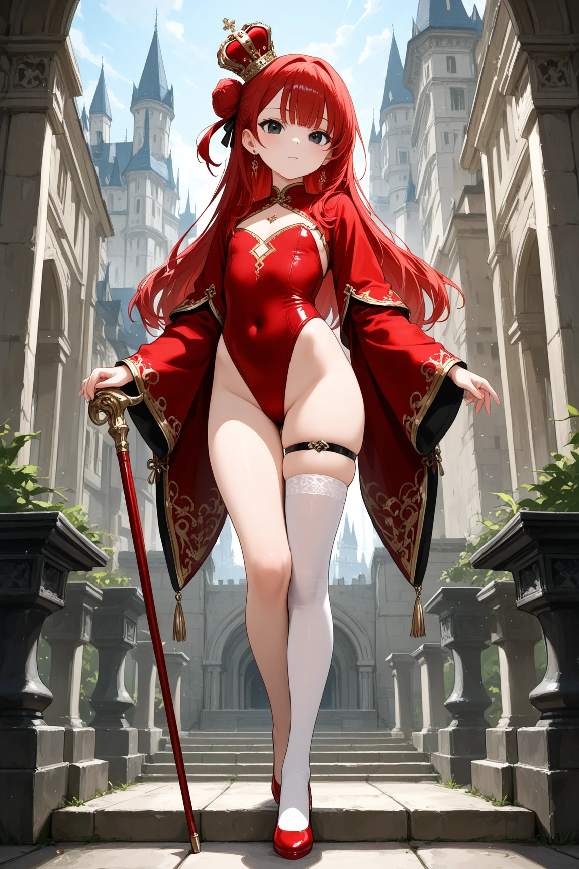 Princess with red hair with some pink tint, with a braid on one side of the hair, burning red eye. Beautiful body big chest ass, standing showing dress. black long stocking thighs, of jump . At the bottom of the house there is a castle. Showing your legs is heels . But you're dressed with a beautiful body in black and blue colors., with colae around the neck. With open leg