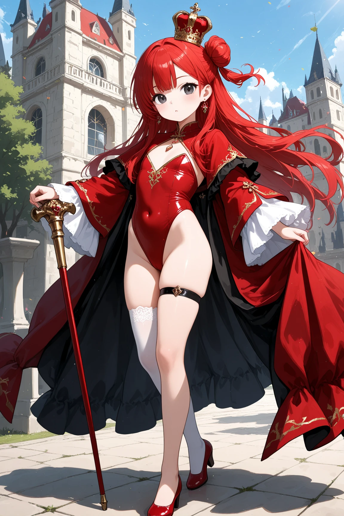 Princess with red hair with some pink tint, with a braid on one side of the hair, burning red eye.  Beautiful body big chest ass,  standing showing dress. black long stocking thighs, of jump . At the bottom of the house there is a castle. Showing your legs is heels . But you&#39;re dressed with a beautiful body in black and blue colors., with colae around the neck. With open leg