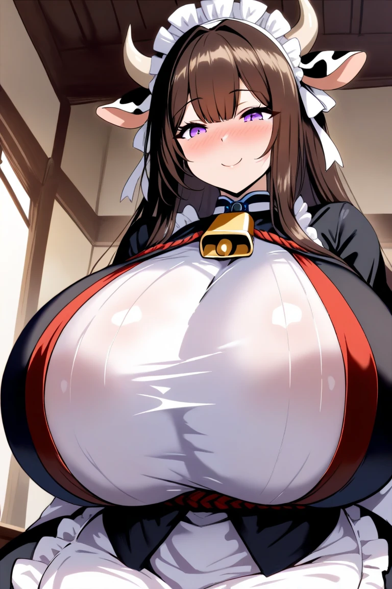 Anime cute girl, cow ears, little cow horns, cow tail, brown hair, bangs covering her eyes, massive breasts, white dress with black Stains