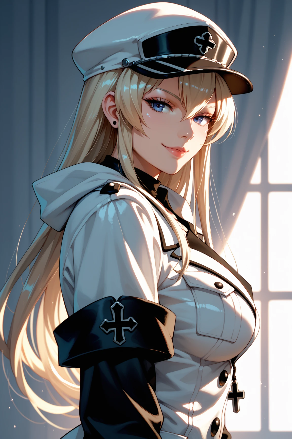 (masterpiece, best quality), intricate details,
1girl, Constance, blonde hair, purple eyes, long hair, hat, peaked cap, military, uniform, military uniform, choker, thighhighs, boots, thigh boots, white footwear, chest tattoo,