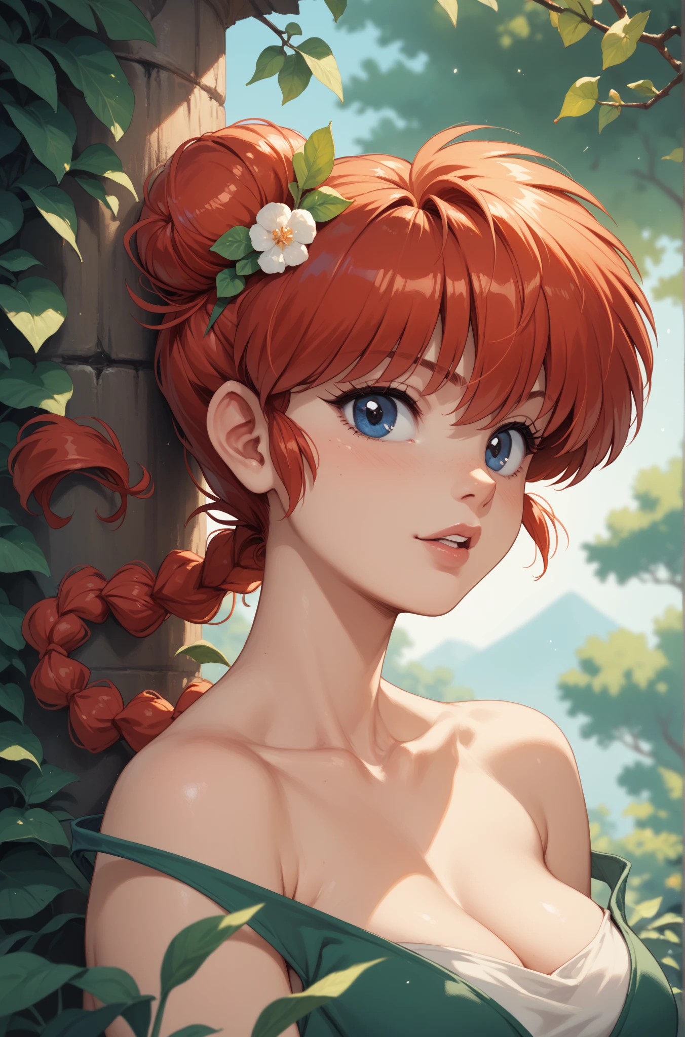 (masterpiece), best quality, expressive eyes, perfect face, looking at viewer, 1girl, solo, upper body, (medium close-up), brown eyes, orange hair, long hair, mouth shut, forest, fall, lake, sky, hair ornament, center opening, detached sleeves, Inouedress