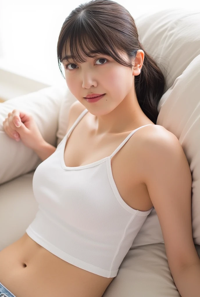 Erect nipples through clothes :1.4, , Neat face, a baby face, Happy face, soaking wet thin tight camisole, tie and skirt, pony tail hair, (Best Quality, 8K, master piece :1.3), Lovely smile, emotional, (gleaming skin, Shiny hair:1.4), Indoors, master piece, Best Quality, (Ultra-detailed), laying down, viewing from above