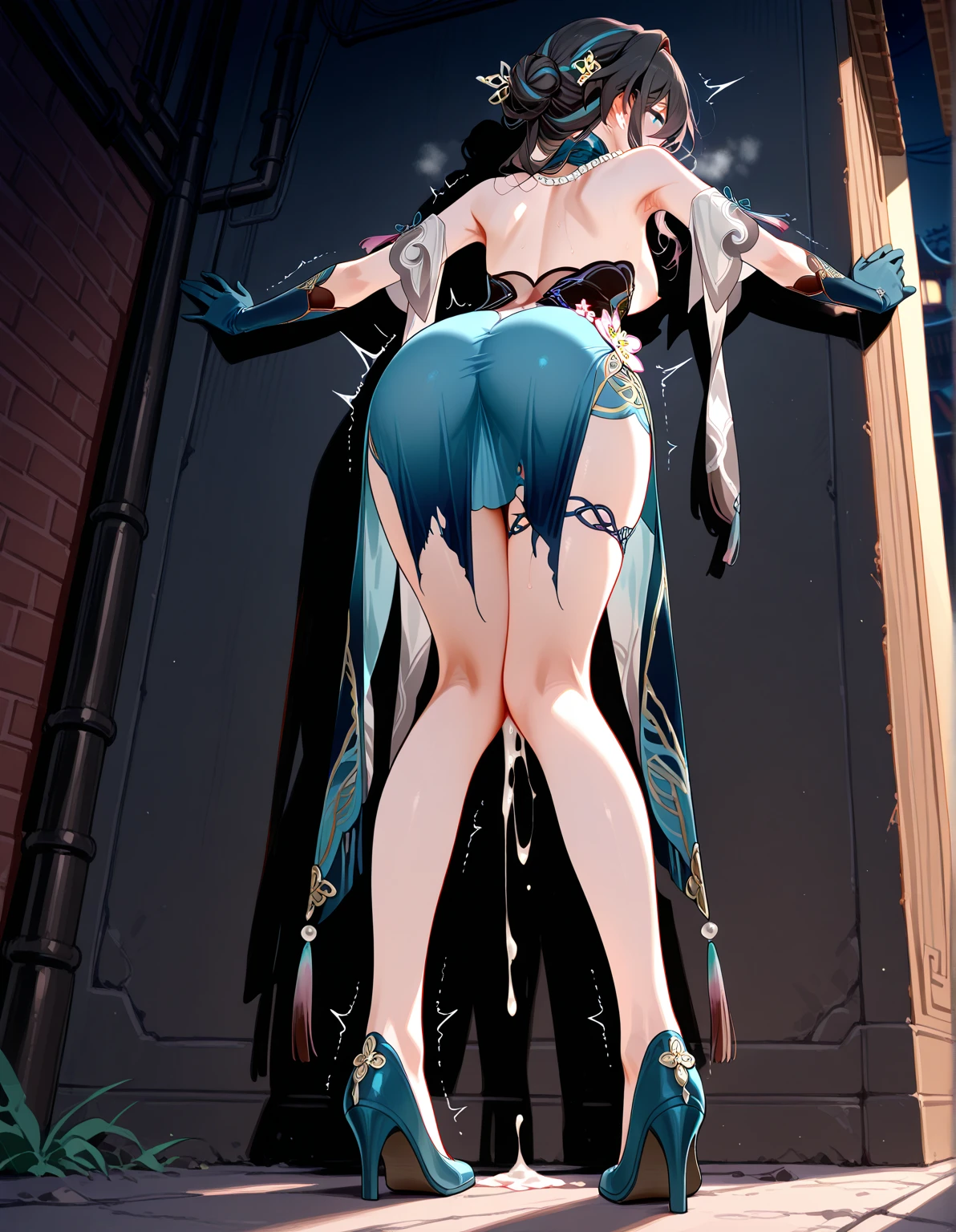 Quality; (((masterpiece))), (((best quality))), ((ultra-detailed)), (illustration), ((an extremely delicate and beautiful)),((perfect anatomy:1.3),extremely detailed cg unity 8k wallpaper,emphasizing beautiful body lines,(add_detail:0.5),
Settings; nsfw,1girl,
Character;loli,oni, cute,
Body; large breast, collarbone,navel,Attractive thighs,pointy ears,There are two oni horns growing from the forehead,
Skin;glossy skin,beautiful skin,oily skin,((colored skin,blue skin:1.6)),
Eyes; (beautiful detailed eyes),
Hair; beautiful detailed hair, long hair,multicolored hair,white hair,
Face; in heat,excited expression,smile,
Pose;sitting,spread legs,open legs wide,legs up,
Composition; (depth of field),
Background;perfect lighting,
cloth; sandal,highheel,pet collar,pussy juice,