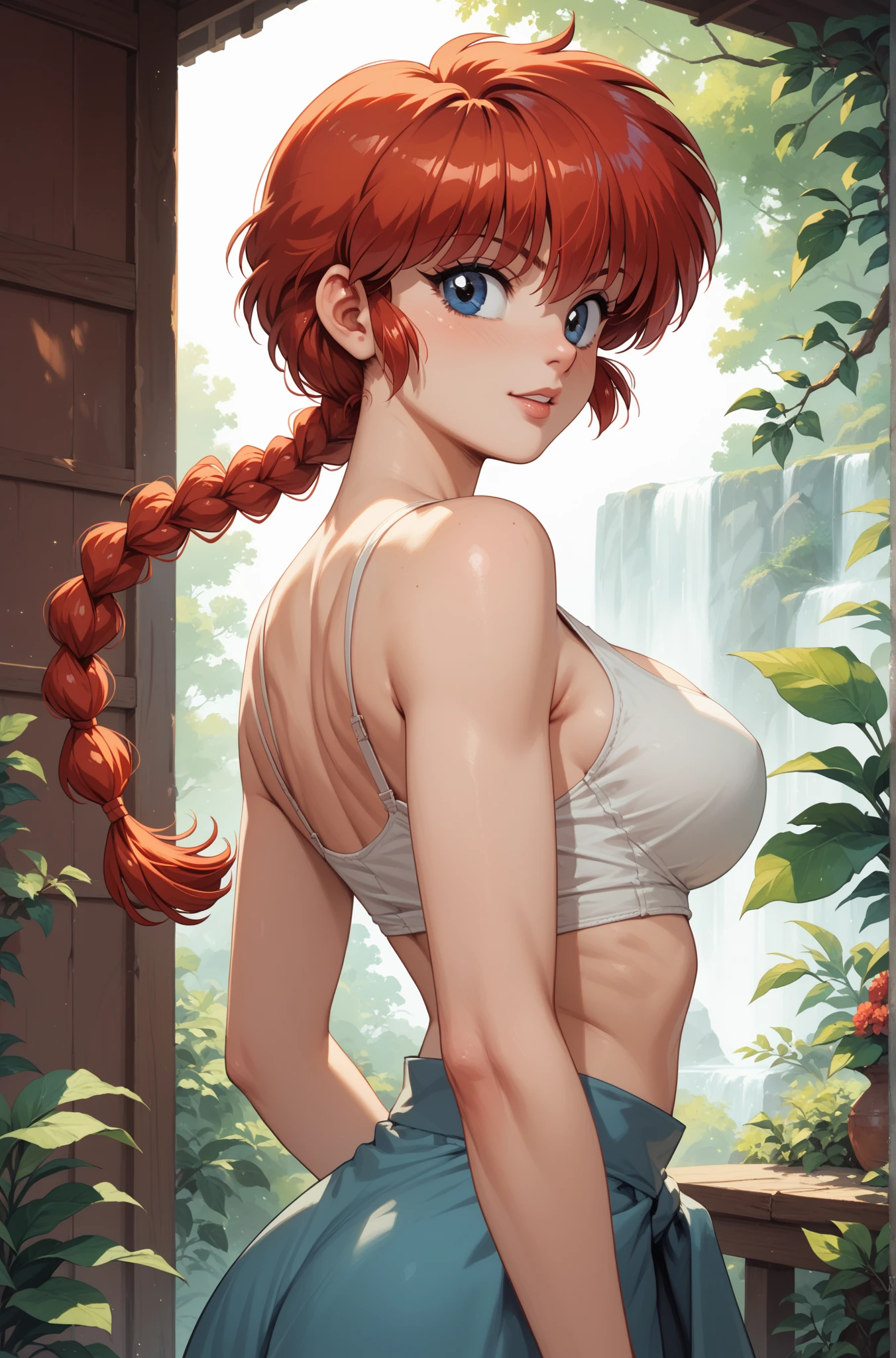 Beautiful round medium breasts, 1girl, ((red hair, Beautiful long braid, braid decorated with petals)) ((wolf girl, Fluffy wolf furry ears)) light green eyes, has an beautiful sensual body with freckles, with full breasts and thin waist, HIP HOP Beautiful and cute tank top, high waist denim shorts, women's belt fabric delicate, has a bold appearance. young, quality, realistic, best quality, cute expression, pink lipstick lips, Cute smile, leaning, In the beautiful romantic beautiful room