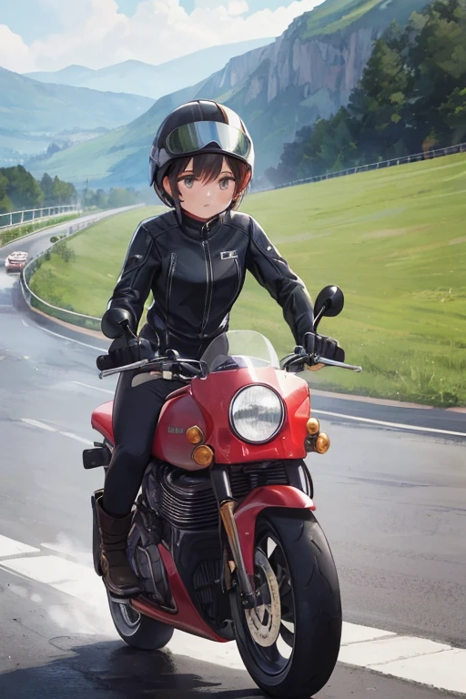 Girl in combat uniform,summer,smile,Driving a motorcycle,8K, Highest quality, masterpiece