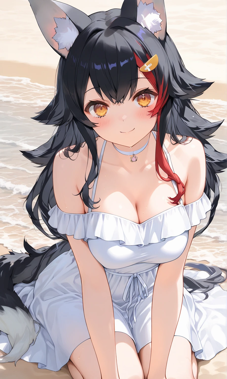 1girl, solo, wolf ears, legs, panties, texas (arknights), two tone hair, red hair, black hair, bikini, beach background, bra, naked, small breasts
