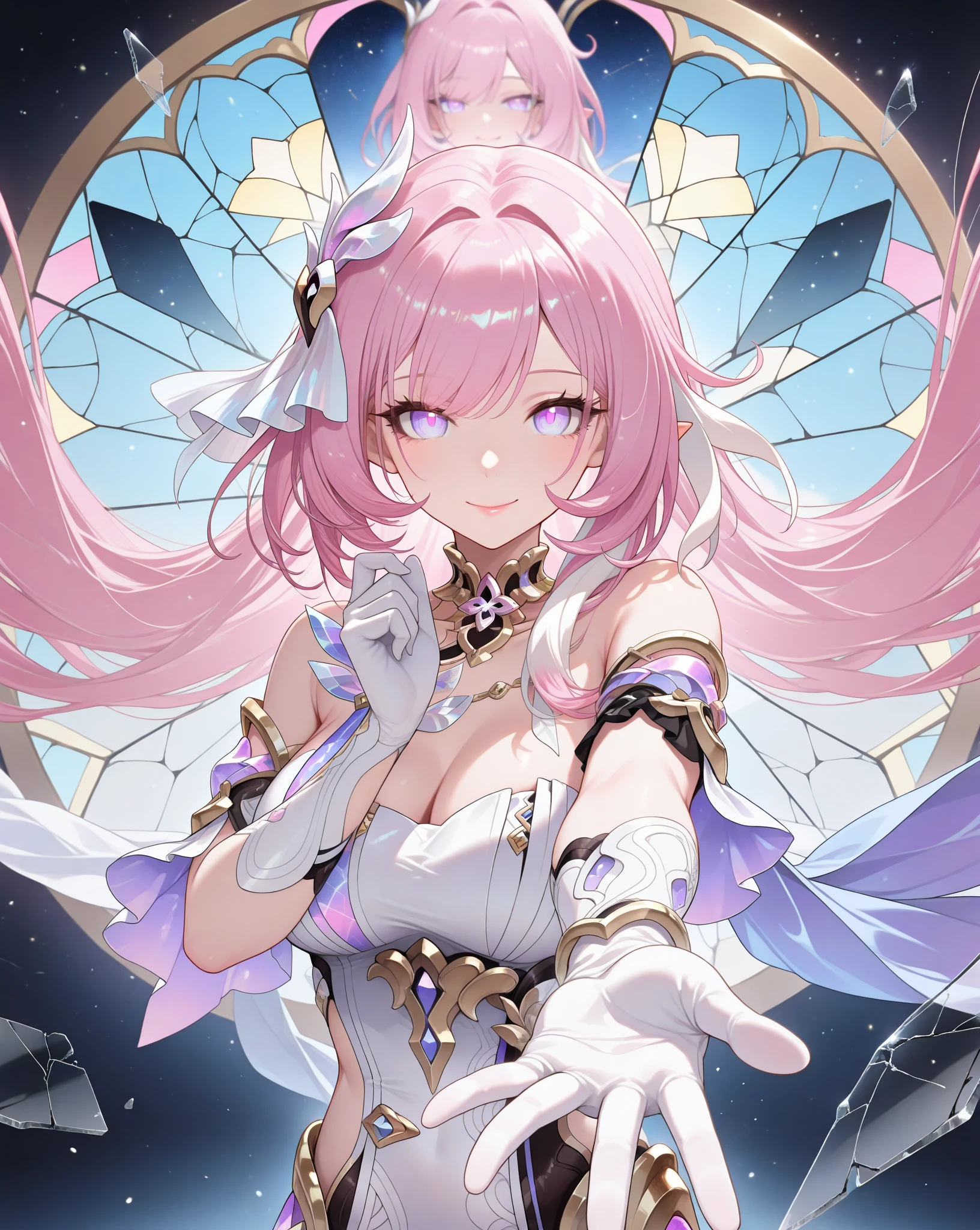 ,beautiful flower々）,mole under eye, heart shaped choker, (masterpiece, highest quality), official art, beautiful and aesthetic: 1.2), (1 girl), very detailed, (geometry art: 1.3), colorful、pink bob hair、Bunny ears、 whole body、smile