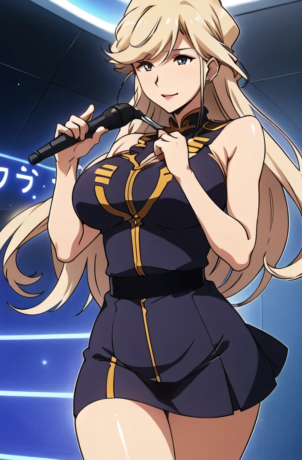 can you draw a diagram to open the leg and invite,black panties，faceは非常に必要です，Please tell me the exact expression of a limb，素敵な笑face，（faceは非常に必要です）,navy blue pleated mini skirt，笑face，紺色でgoldの縁取りのドレスは描けますか， gold，long hair，Draw a person singing in front of a microphone，faceが入るように計算して描いて下さい,せっかく描画してくれても作品にfaceが無いと廃棄しなければならないのが残念でなりません, swallow, ，faceの表情を丁寧に描く，， ，  sleeveless，  ，faceは作品に必要なのでトリミングしないでください，It's a great enough work just to Draw a person singing in front of a microphone，Her 5 fingers，， A 40-year-old woman with mature charm，Big Breasts      ，  see-through knee-high socks  ，     ,     blue panties，  my whole body    ，Big Breasts，     beautiful fingers,        Beautiful long legged,        beautiful body,        Beautiful Nose,      
                    Official Art        ,                     Highly detailed CG 、                                   unified 8K wallpaper         ,  Full light,Well deep,                                                    bright                    _Front                _face_illumination,                     white skin,
(masterpiece:1.0),(Highest_quality:1.0),                 