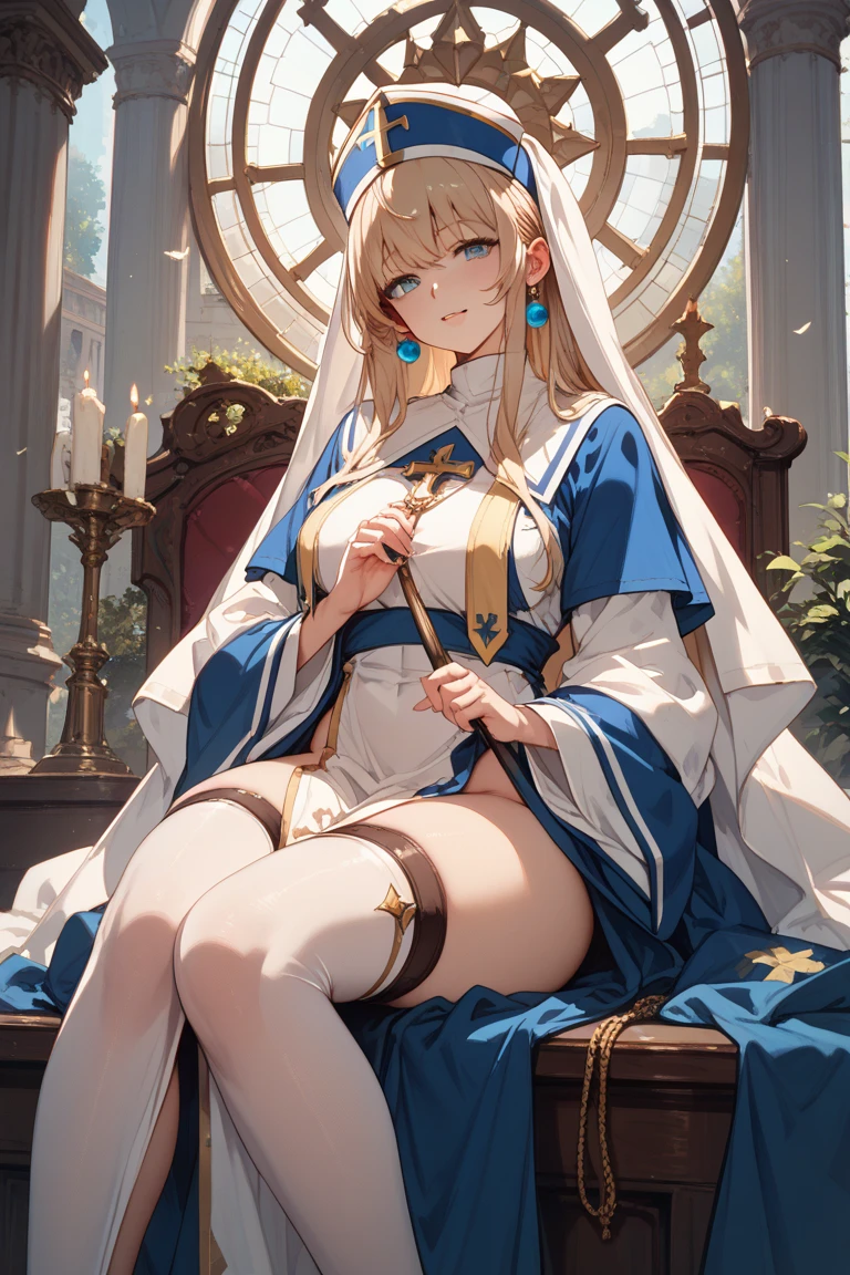 (masterpiece, Best quality, glowing light, brilliant, shiny skin, ultra detailed, detailed background, complex background),(perfect face, detailed face, detailed eyes,perfect hands,perfect fingers), (medium tits:1.2,smile),(mature woman:1.4),cowboy shot,thick,split,
a priestess, long hair,((gradient hair)),different colored eyes, eye gradient, (sparkling eyes:1.1), mascara, (fashion makeup), parted lips,It has, long sleeves, dress, thigh high, white headdress, thigh high boots, wide sleeves, white thigh high,Hands back,
((Guild, guild room, Quest board, window, road view, medieval)),((super detailed background)), Dynamic poses, ((8K wallpaper)),