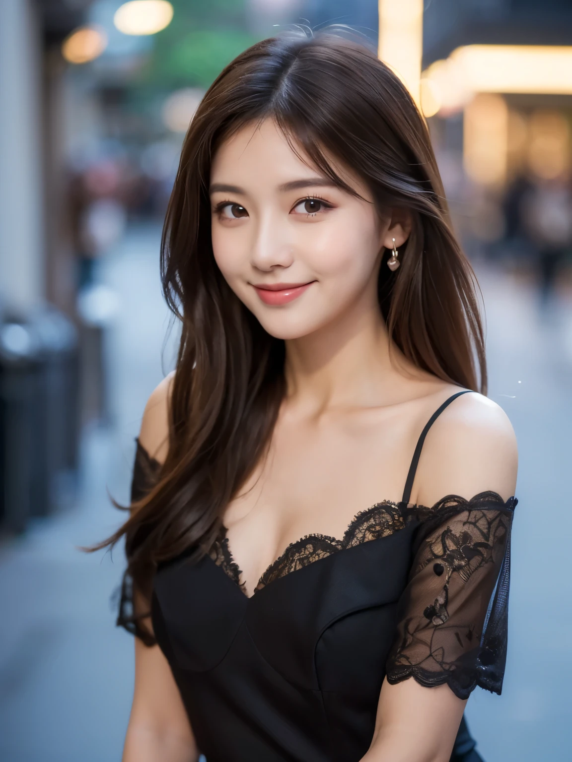 ((best quality, 8K, masterpiece :1.3)), 1 girl, Smile, whole body, face slimming, pretty Woman, (Dark brown hair), full length dress :1.1, Super detailed faces, exquisite eyes, double eyelids, blurred background, face slimming, City, External, street,