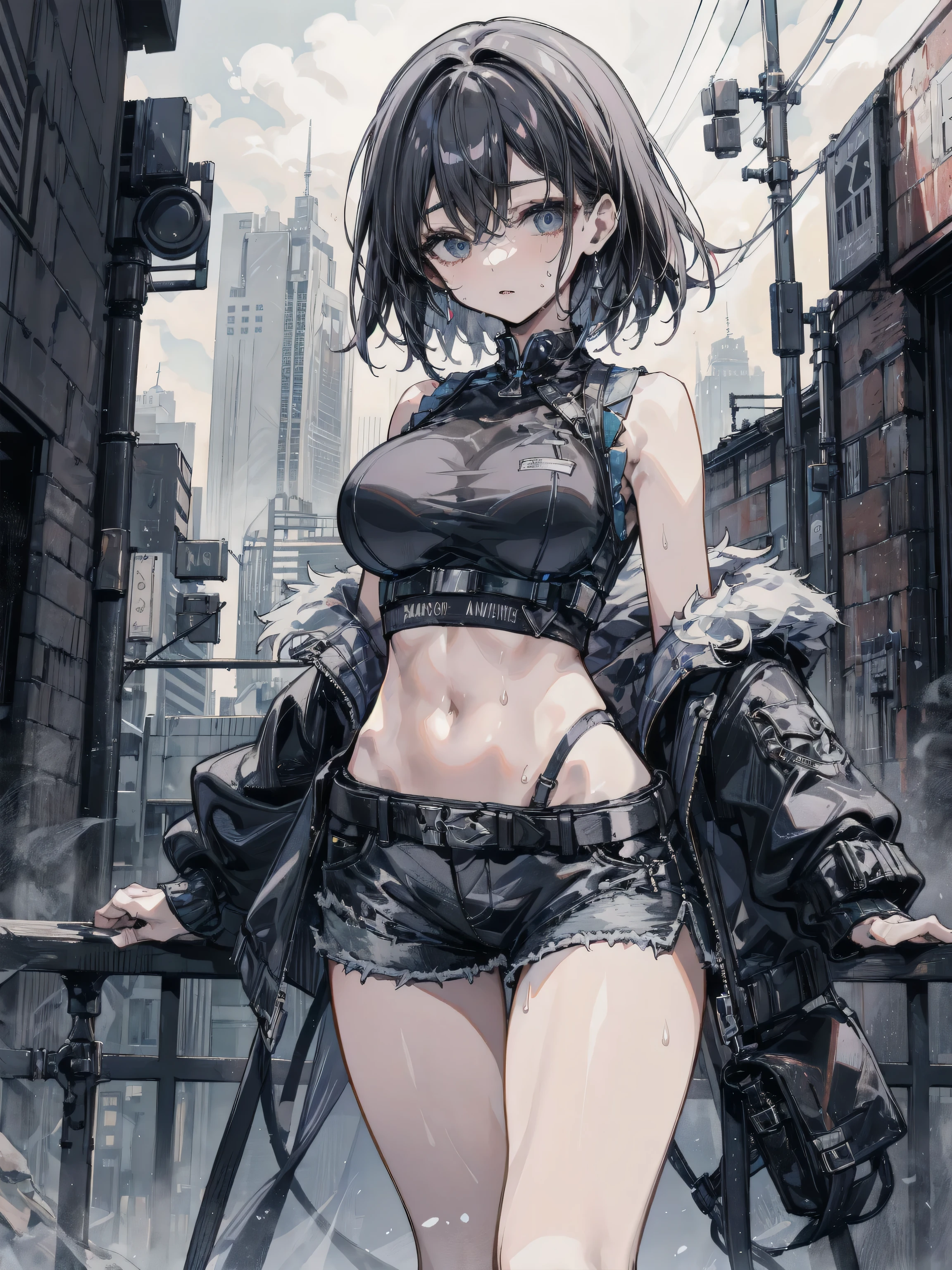 Woman body defined thick thighs cybernetic body parts, short underwear