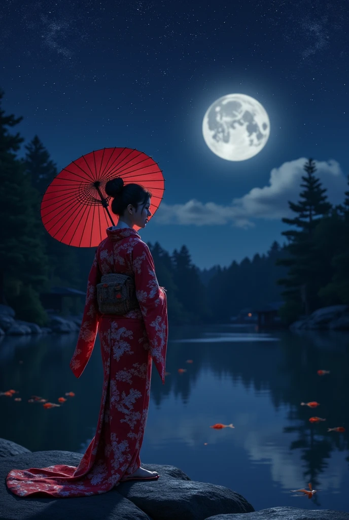 In the soft glow of moonlight, a solitary blonde-haired girl stands in a tranquil Japanese garden, her gaze locked with an unseen observer as she gazes upwards, captivated by the constellations that mirror the intricate embroidery on her vibrant red kimono. TR0B1C4L <lora:jjkghg18fce9d55c6s925:1>