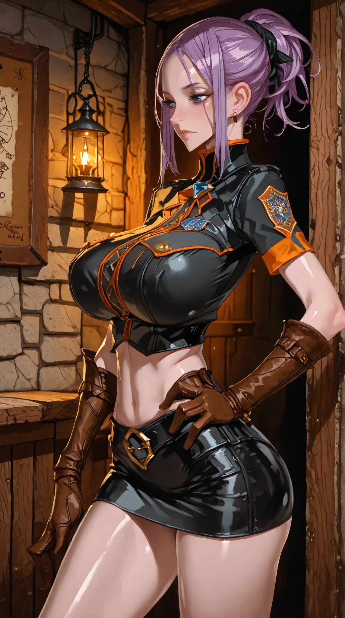 (Masterpiece, best quality, intricate details, 1sologirl) iron collar, arms behind back, iron cuffs, shackles, bound ((standing by wooden pole:1.2)) looking from above happy closed mouth, (Female drow elf chest covered very purple skin)(smile) pale golden hair and violet eyes. They prefer clothing of white and silver with cloaks of deep blue or purple, village background, huge knockers, ((very precise detailed)), ((high res)