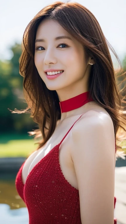 realistic, high resolution, 8k wallpapers, Complete dynamic configuration, Korean Background, beautiful detailed eyes, normal sized eyes, middle long straight hair, red hair vibrant lips, big breasts, Random and plain generic poses, random case, winked, 30 year old woman, Korean woman, (drooping eyes 1.2), (sagging eyebrows 1.2), very beautiful appearance, slim body, natural makeup, nsfw, sexy body, minimalist clothes, perfect body, stomach, center