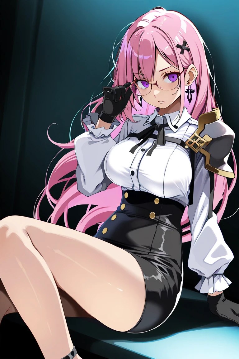 pink hair black glasses pink eyes extremely blushing a large pink sweater short black skirt at the waist chains black stockings that she is a reserved girl her bed that she is on her knees touching her butt