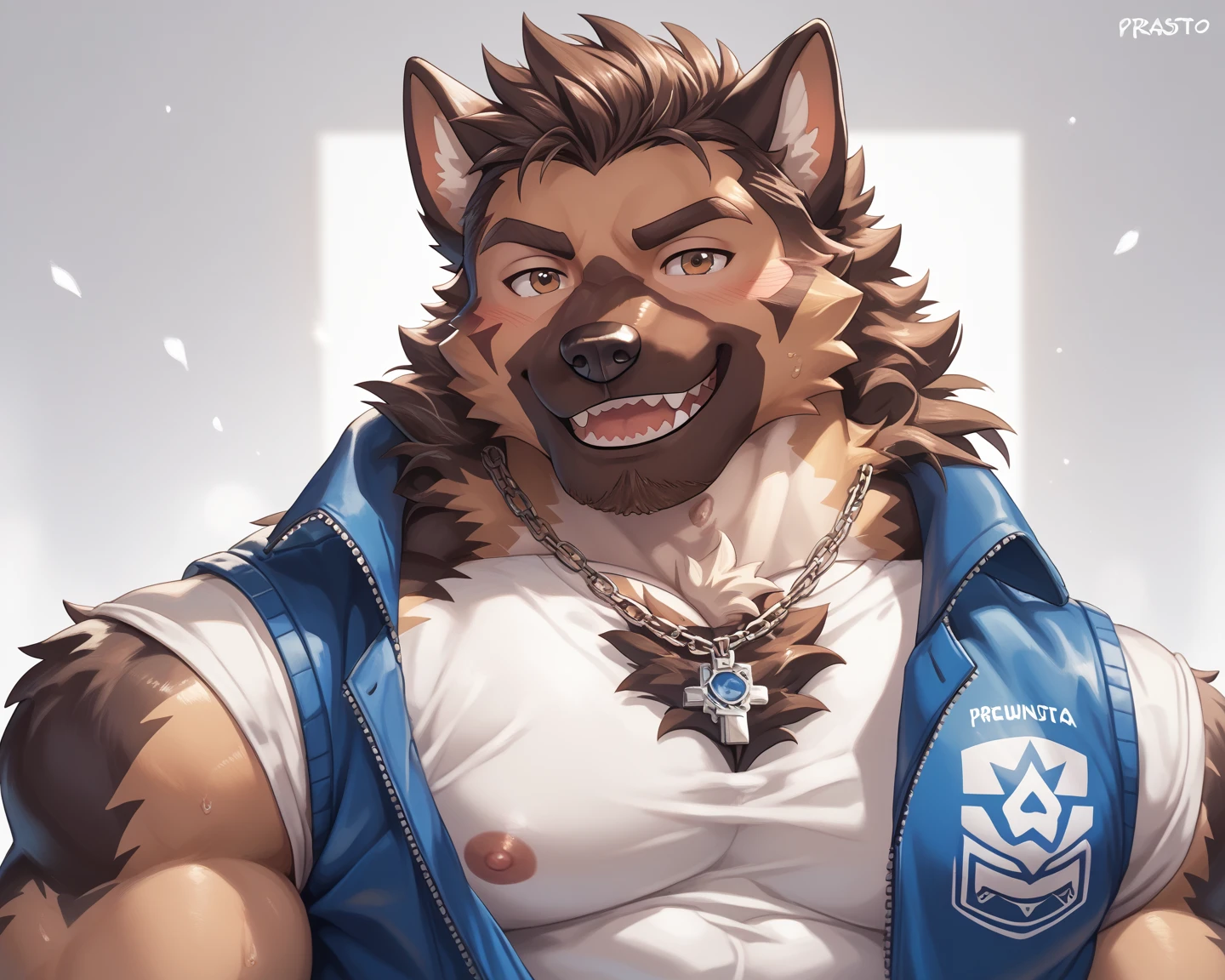 white background, Furry, wolf, male, muscular, big muscles, wearing jacket, wearing, jeans, full body, look at viewer, blushing, shy, smiling, closed eye