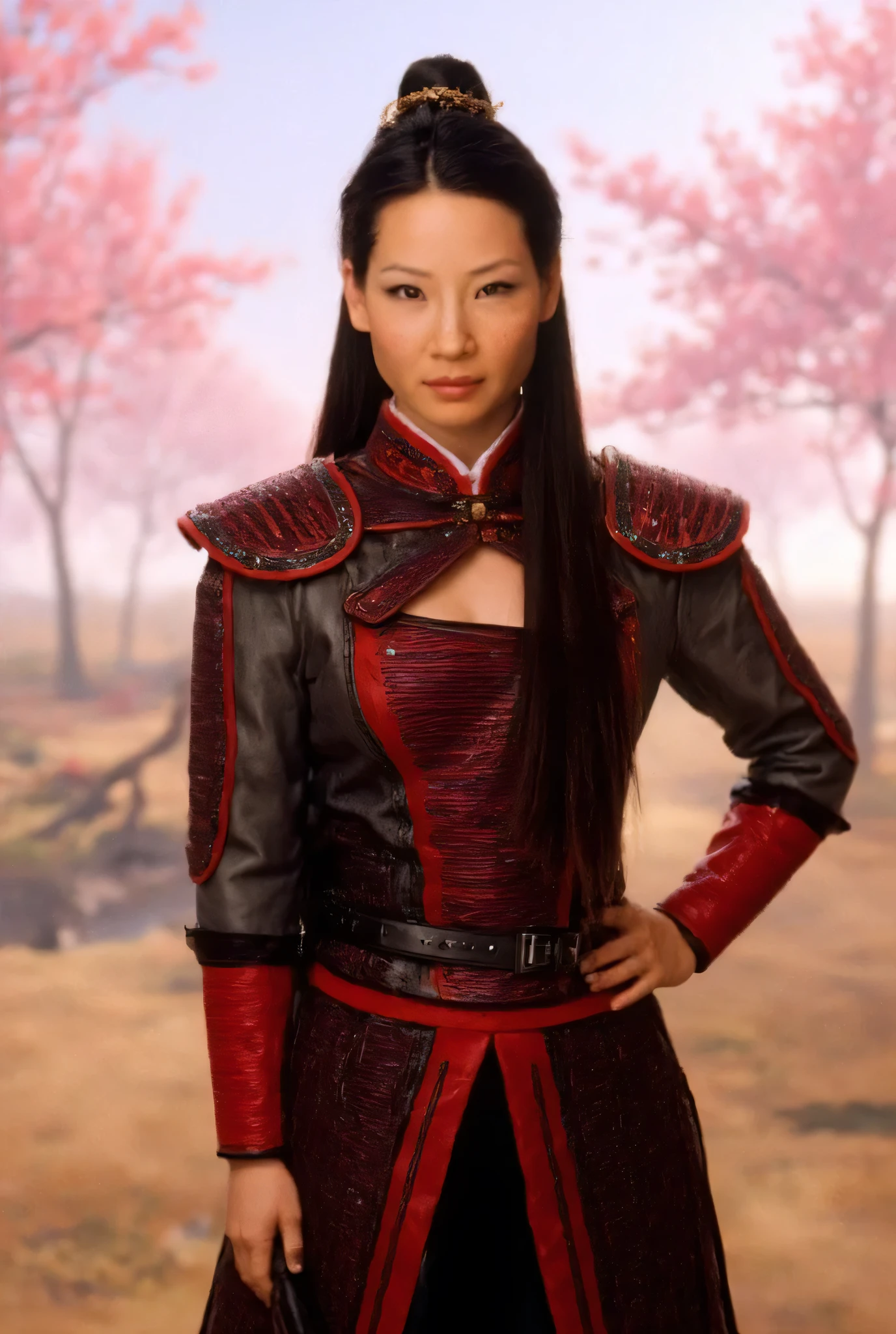 "Full-body portrait of Lucy Liu as Mulan from Disney's Mulan, wearing a detailed version of Mulan's warrior armor with red and black tones, intricate shoulder plates and fabric textures, long dark hair tied in a high bun or flowing behind her, standing confidently in a stylized battlefield setting with cherry blossom trees in the distance and soft morning mist. Background inspired by the Disney animation but rendered in a realistic, cinematic style — epic lighting, strong and graceful expression, Disney fairytale elegance with historical Chinese influence, highly detailed."