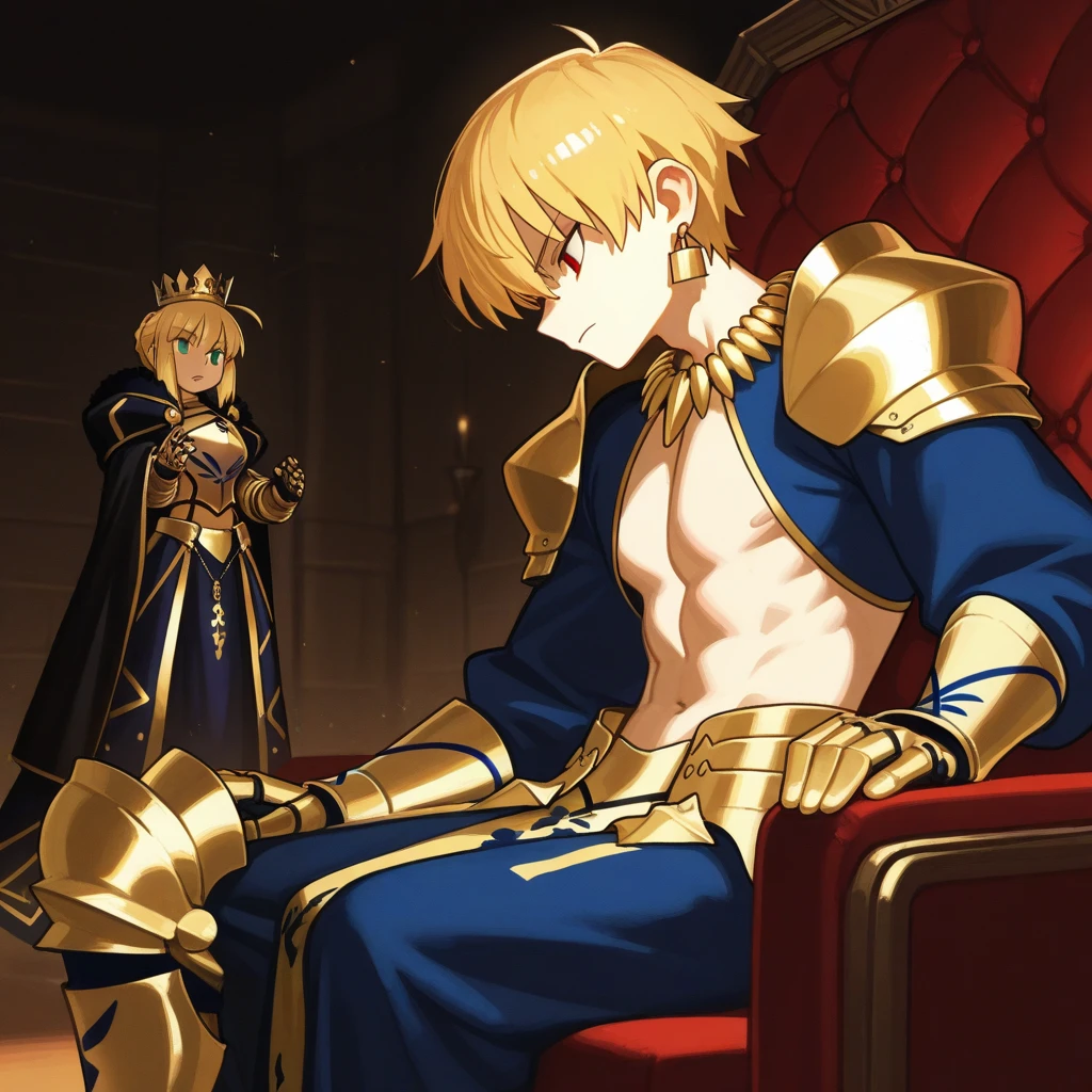 A boy is sitting on a king&#39;s throne, he is wearing a king&#39;s crown, a purple king&#39;s cloak, he is only wearing very short underwear, Ele tem pele clara, blonde hair and blue eyes, he is in a castle and has six guards, three on each side, all very handsome men and wearing only very short thongs that show a little of their ass. The image has to be in anime shota bara