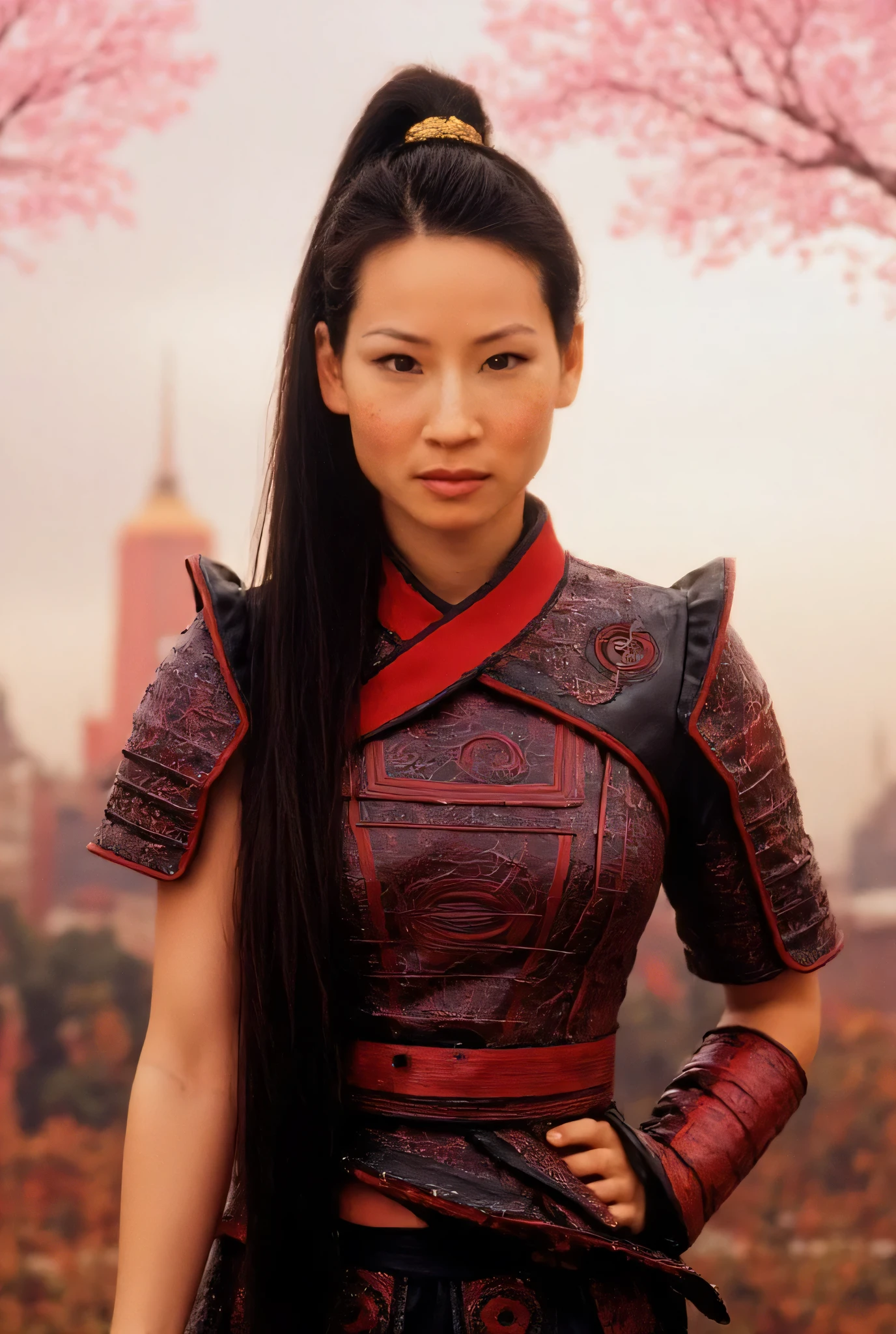 "Full-body portrait of Lucy Liu as Mulan from Disney's Mulan, wearing a detailed version of Mulan's warrior armor with red and black tones, intricate shoulder plates and fabric textures, long dark hair tied in a high bun or flowing behind her, standing confidently in a stylized battlefield setting with cherry blossom trees in the distance and soft morning mist. Background inspired by the Disney animation but rendered in a realistic, cinematic style — epic lighting, strong and graceful expression, Disney fairytale elegance with historical Chinese influence, highly detailed."