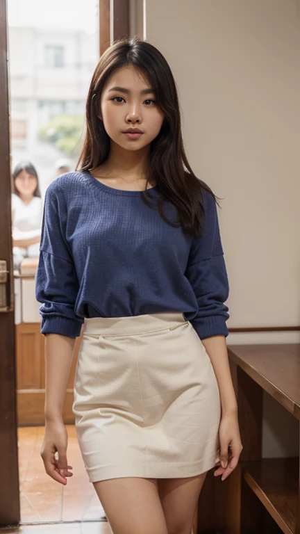 Highest quality, Face focus, Soft Light, Ultra-high resolution, (Realistic:1.4), RAW Photos, 1 Japanese girl, alone, cute, (A shy smile:0.5), (Brown eyes, Eye light), Detailed beautiful face, (Small box),(High resolution detail of human skin texture), (Short Bob Hair), break, In the classroom,Navy uniform, Best, skirt,machine,The afterglow of sex,Leg spread,Flowing semen