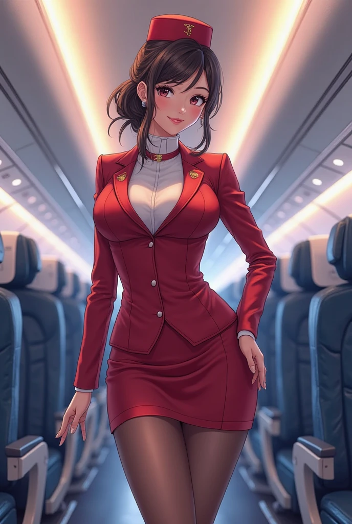 Flight attendant on the plane, tall, no underwear, (lifted short skirt to reveal butt: 1.5), tongue sticking out, rich details, red high heels, best quality, masterpiece, super high resolution, (fidelity: 1.4)