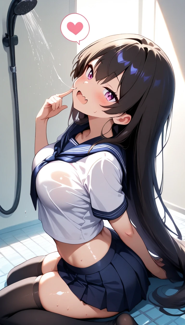 Highest quality,High resolution,１People Girl,whole body,Look Up,looking at the camera,Big eyes,Crying face,Tears,Stringy saliva,Open your mouth wide,Sticking out tongue,Flush saliva,Overflowing with saliva,ponytail,Black Hair,Yellow-green eyes,Sailor Leotard,High Leg,Red tie,Tears overflow,Dripping a lot of saliva,Drooling,bathroom,Alluring,beautiful girl,,loose socks,,Wet clothes,