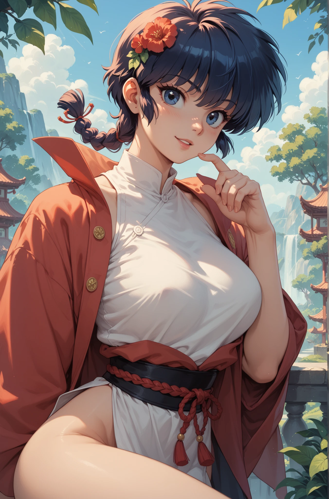 ultra-realistic 8K CG, masterpiece, ((ultra detailed background, fine drawing, intricate details, high detail, better quality fine details, hyper-detailed face)), (photorealistic: 1.4), beautiful lighting, absurdity, RAW photo, film grain, TyLee, 1girl, solo, brown hair, braid, smile, long hair, brown eyes, navel, belly, braided tail, (leggings, chest bandages), (medium breasts, slim girl, wide hips, ass), ((complex detailed background,  outside, the background of the Middle Ages, blue sky, tavern)), erotica,