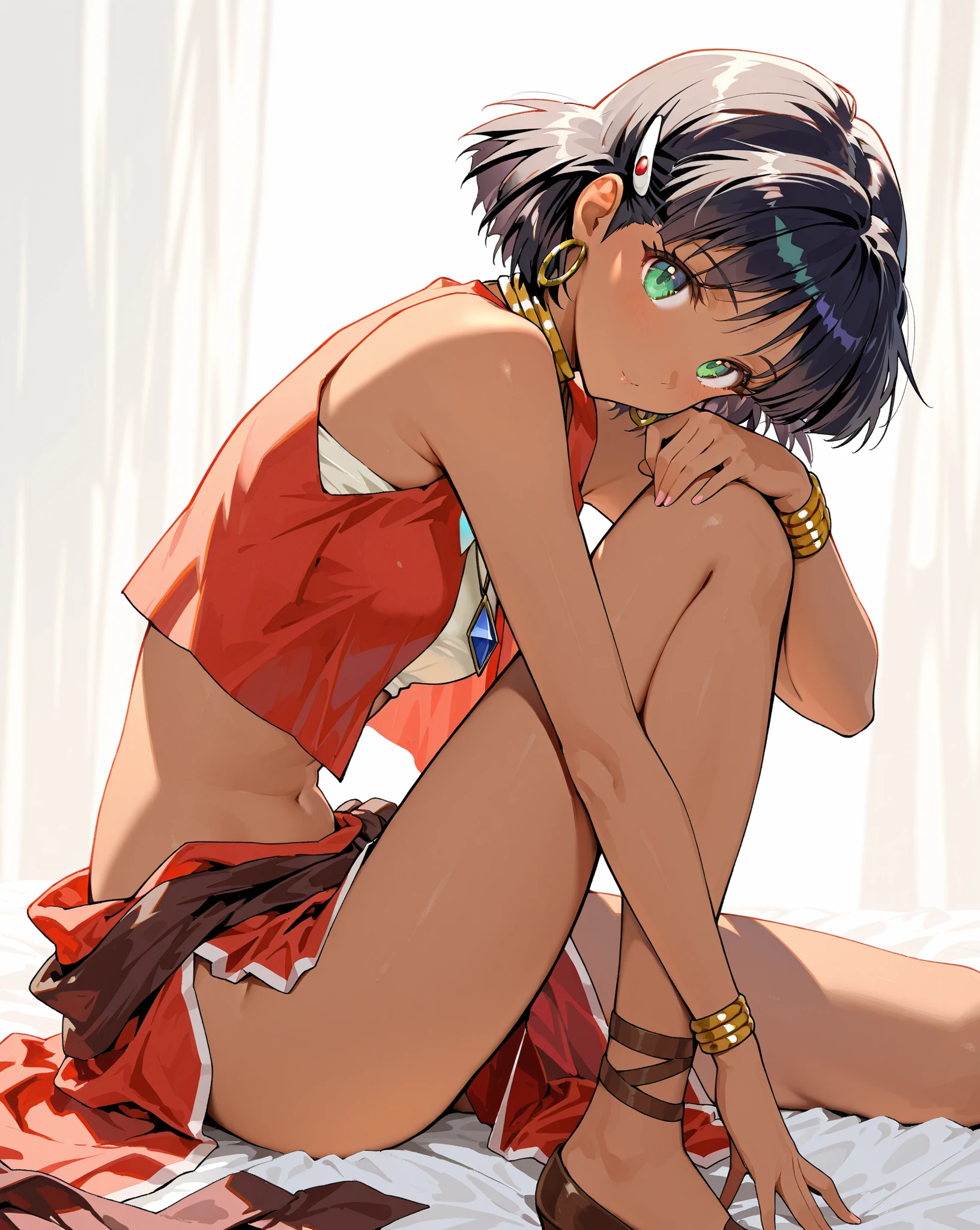 (masterpiece, highest quality; 1.3), very detailed, 1 girl, alone, fine skin, Viewers' expressions, black skin, smile, Moody, small breasts, cowboy shot, nadia, dark purple hair, armpit, white bando swim shiutsu, red vest, gold, Large light blue gemstone necklace, walk, cute pose, Crisp, high-definition image quality, kneel down, bed