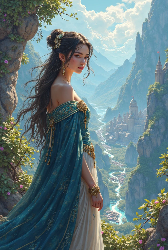 high details, Fantasy Poster, best quality, 8k, [ultra detailed], masterpiece, best quality, Photorealistic , dynamic angle, ultra wide shot, photorealistic, fantasy art, dnd art, rpg art, realistic art, an ultra wide picture of druid grove in a fantasy desert canyon and its druid warden observing all, a fantasy desert canyon (intricate details, Masterpiece, best quality: 1.5), (at sunset: 1.5), a stream of water (intricate details, Masterpiece, best quality: 1.5), waterfall (intricate details, Masterpiece, best quality: 1.5), human female druid, full body (intricate details, Masterpiece, best detailed: 1.5), exquisite beautiful woman druid (intricate details, Masterpiece, best detailed: 1.5), ultra detailed face (intricate details, Masterpiece, best detailed: 1.6), black hair, long hair, wavy hair (intricate details, Masterpiece, best quality: 1.5), dynamic eyes color, fair skin, wearing yellow cloak (intricate details, Masterpiece, best quality: 1.5), green robe (intricate details, Masterpiece, best quality: 1.5), cinematic light, pastoral atmosphere, divine light, gods rays, hyperrealistic, Photorealistic, 16k, RAW, award winning, [ultra detailed], masterpiece, best quality, (ultra detailed), full body, ultra wide shot, photorealistic,