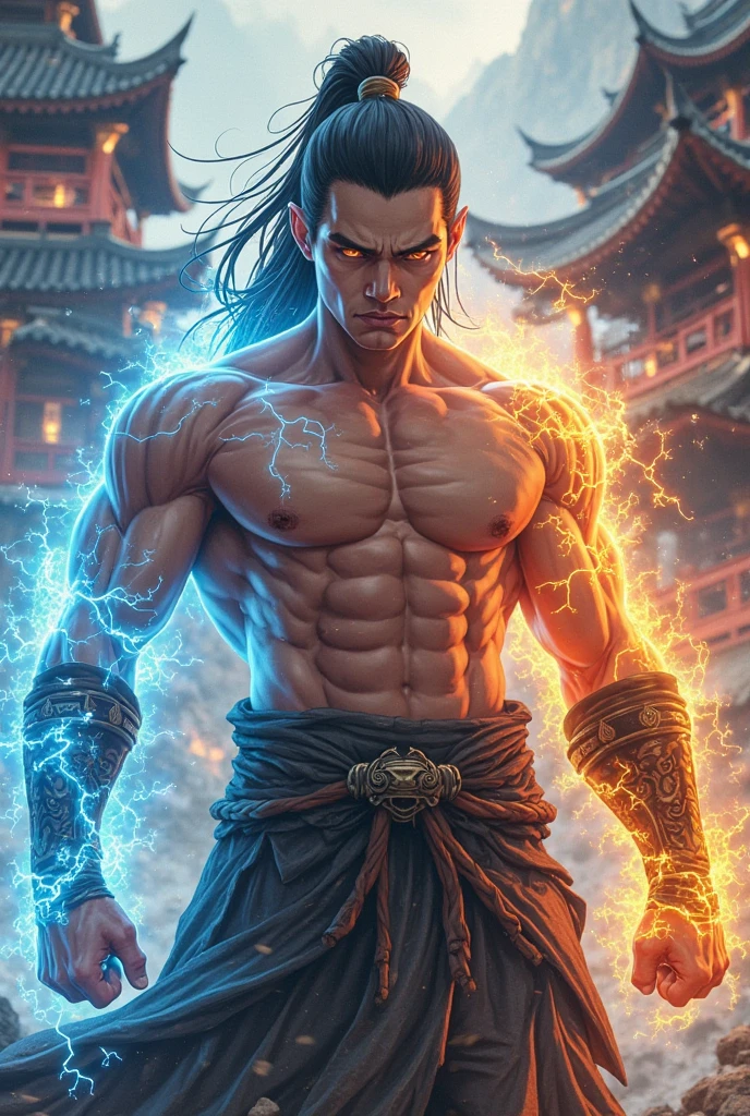 An 8k masterpiece, highest resolution, every detail, meticulous detail, depth of field, bright colors, beautiful composition: anime character Gohan impresses with his black hair and glowing eyes Beautifully detailed lighting, standing against a dark and ominous background. This handsome demon slayer is the epitome of bad guys in the fantasy art. wearing a shirt.