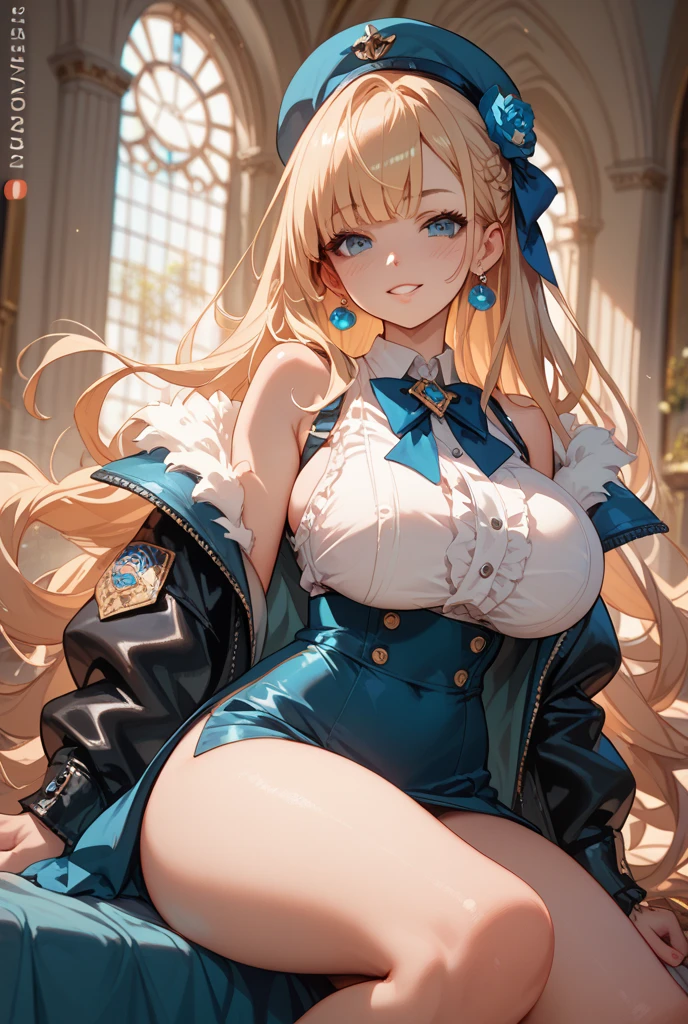 ((highest quality、Highly detailed CG Unity 8K wallpaper))、perfect body、unparalleled beauty、Curvy but slender body, perfect eyes, perfect face, perfect lighting, fine clothes、1 girl, Detailed castle background、long hair, curly hair, fine clothes, Bright and beautiful face、young shiny glossy white shiny skin、the best beauty、the most beautiful bright blonde hair in the world、thin hair、super long straight hair、Shining beautiful bangs、Shining crystal clear big blue eyes、Very beautiful lovely most beautiful girl in the world、big and full breasts、titually exd look、ess with elaborate embeshment details)、((She lifts up her skirt and shows her panties、I'm seducing you))、I'ing you to have sex