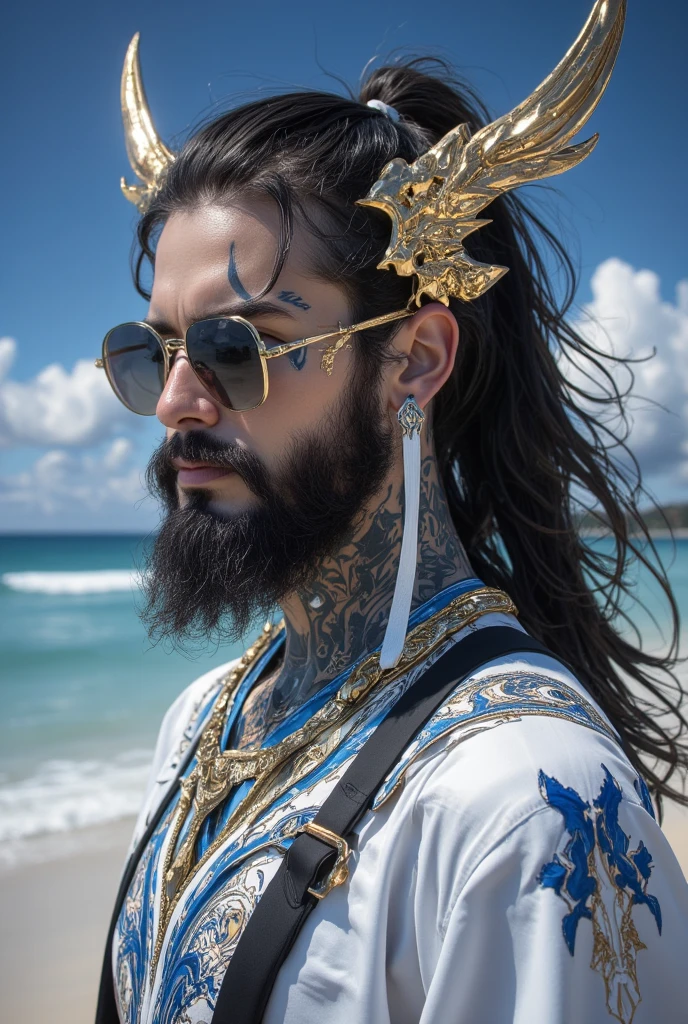 photo of sexy young man, [arab: swedish: 0.60], hairy chest, tentacles on head instead of hair, walking in the desert, wearing designer clothes and accessories, windswept
