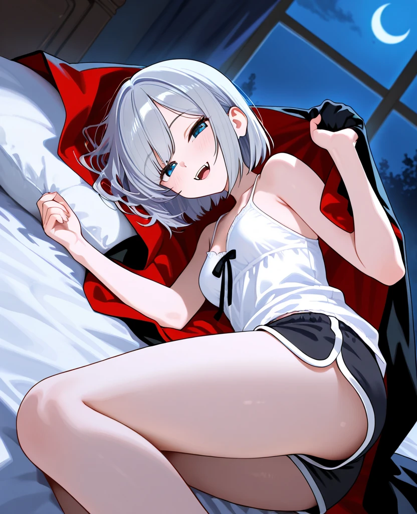 Girl with short white hair small and really skinny, laying on bed, manga page with panels and dialogue    