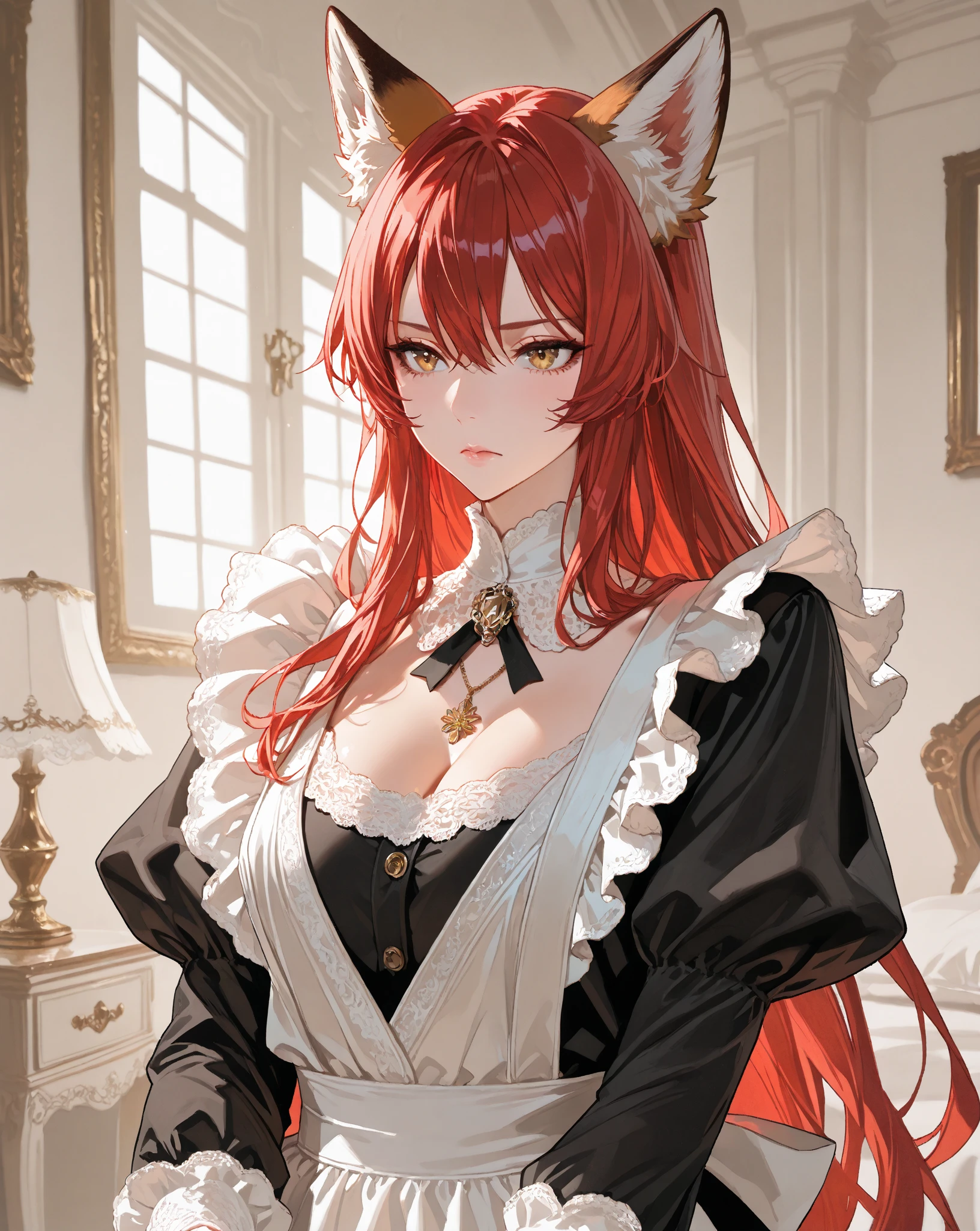 best quality, masterpiece, highres, solo, {maid:1.40}, {long maid dress:1.15}, {nilou_genshin:1.15}, long_hair, bangs, red_hair, horns, veil, jewelry, fake_horns, breasts, twintails, smile, blush, parted_bangs, brooch, aqua_eyes, circlet, harem_outfit, bracer, neck_ring, medium_breasts, low_twintails, closed_mouth
